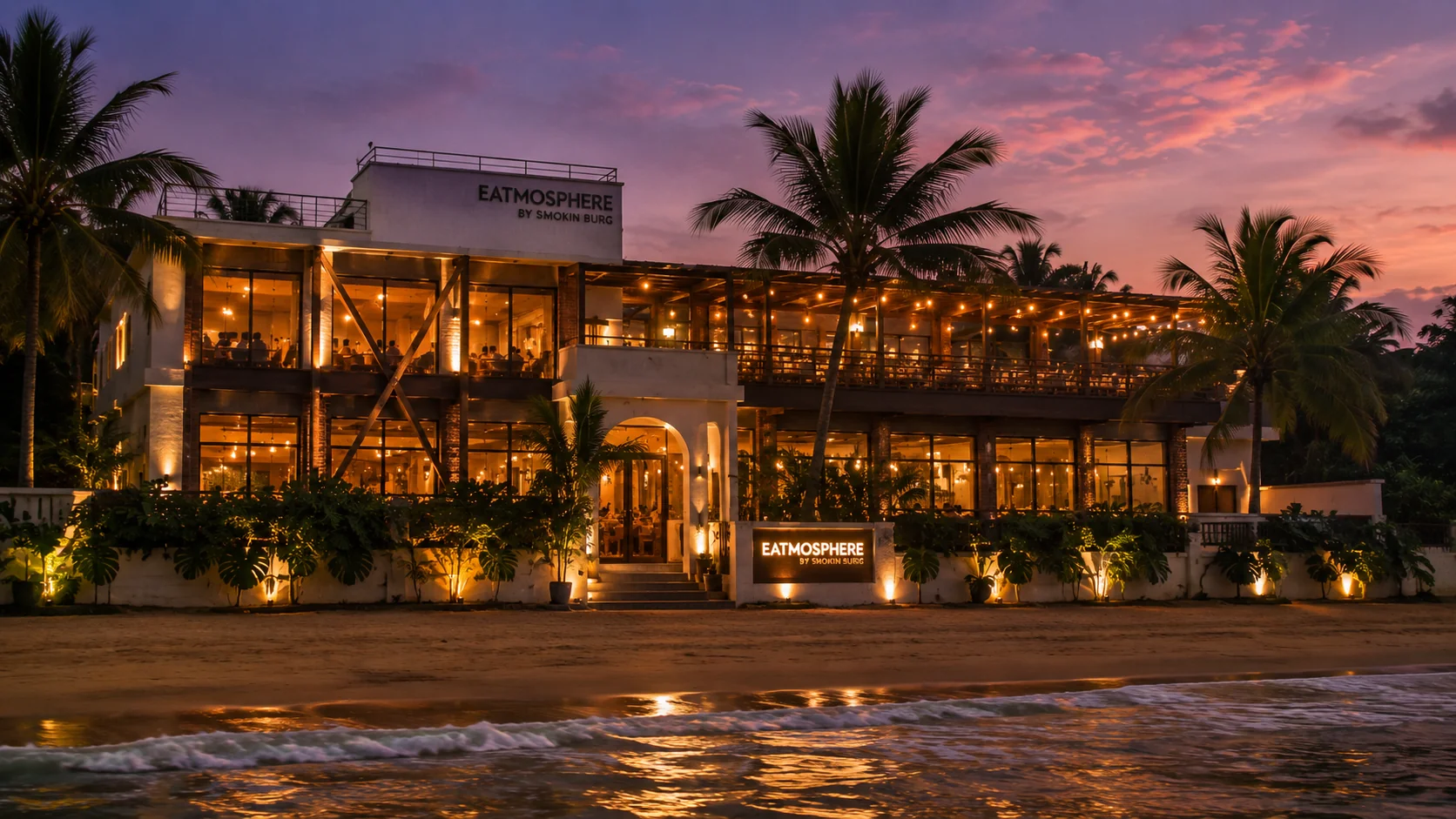 Beachfront building exterior at dusk