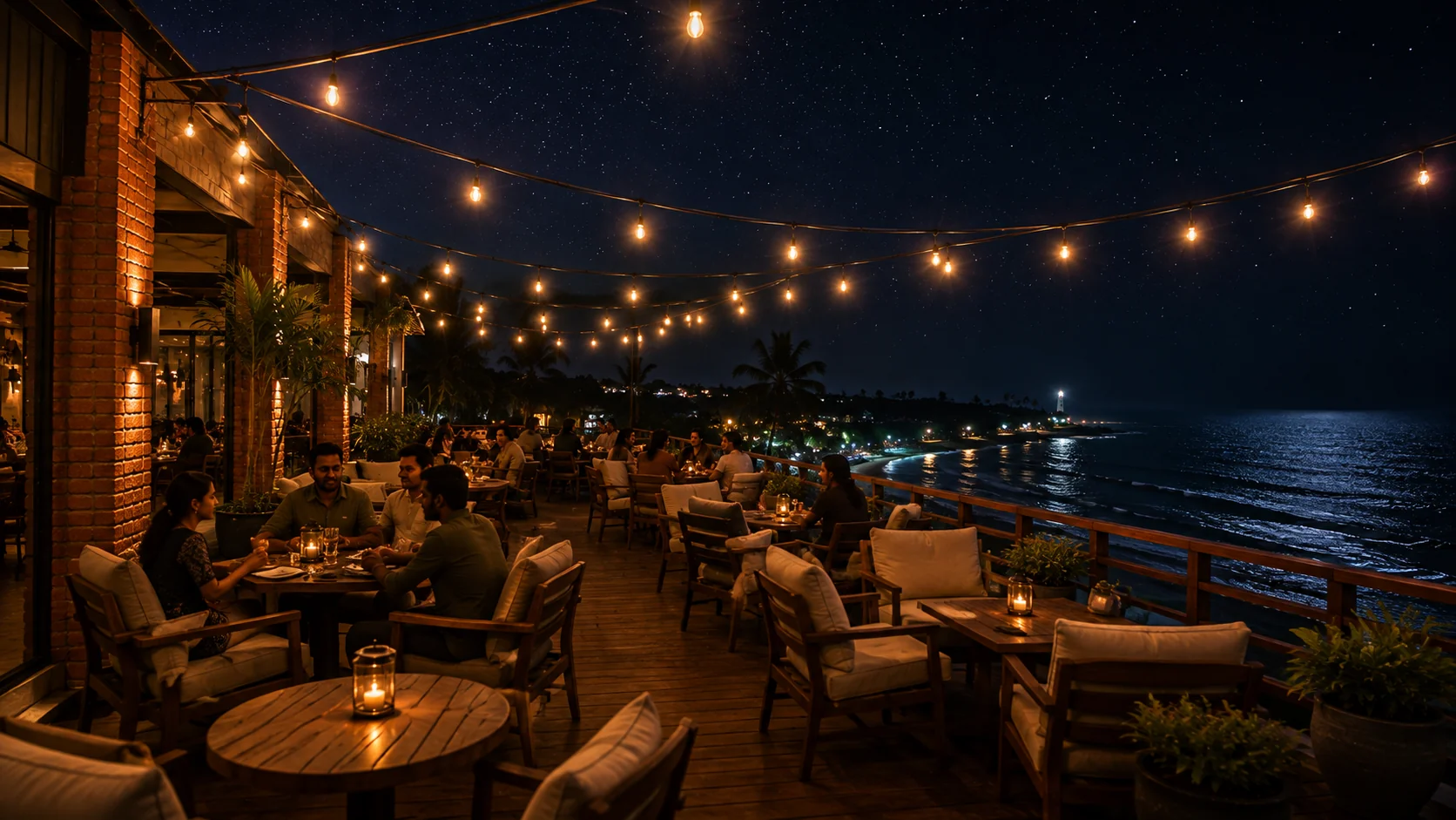 Rooftop terrace night lounge under festoon lights