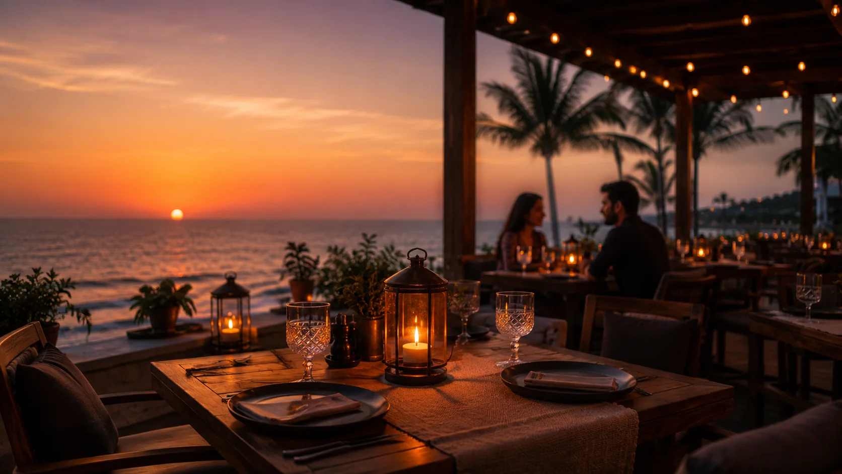 Candlelit terrace table at dusk facing the Arabian Sea